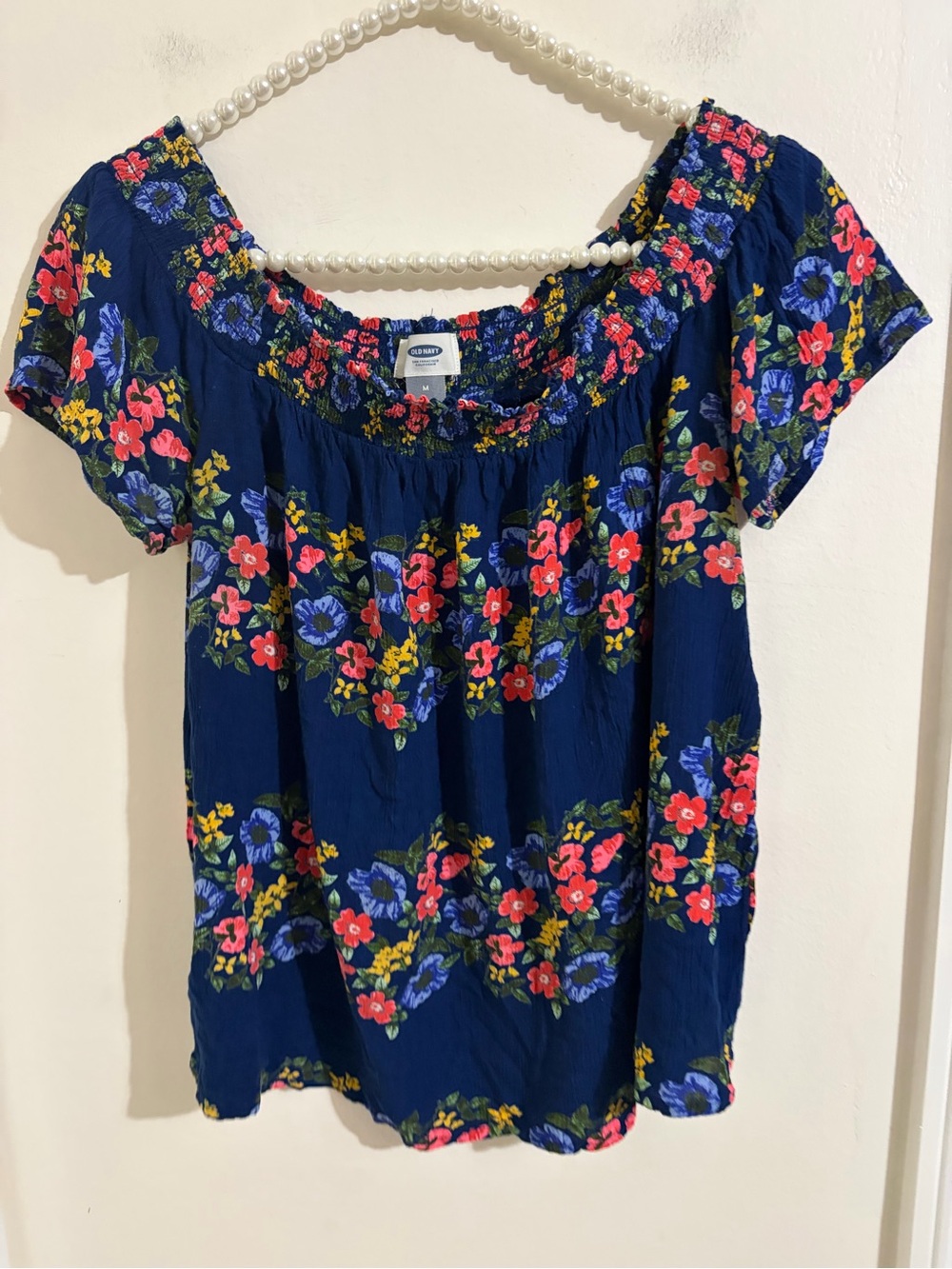 Old Navy Navy Floral Off-Shoulder Smocked Top